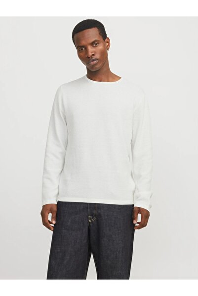 Jack & Jones Men's knitted sweater with scoop neck, White, L