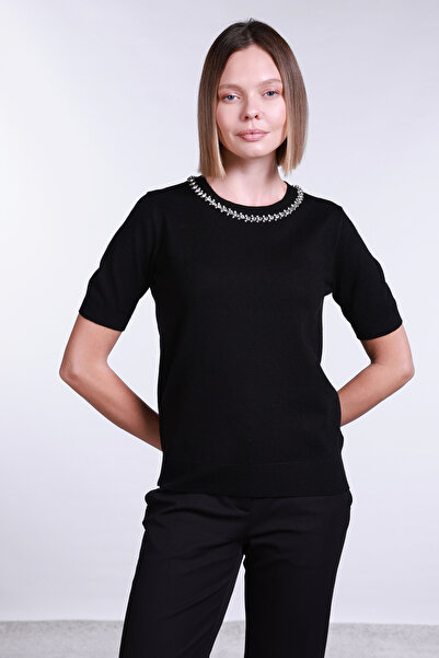 Sempre Women's Collar Stone Detailed Short Sleeve Sweater 2702 Black