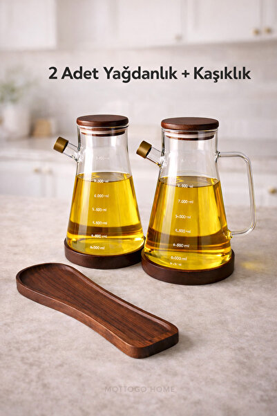 Mottogo Acacia Lid 2-Piece Glass Oil Pot Set 900 ml + Dirty Spoon Holder