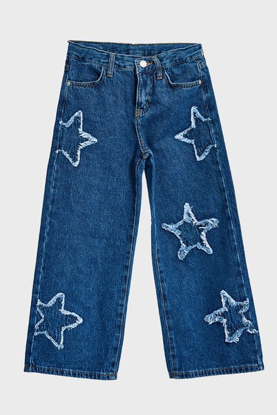 poozkids Girl's Star Patterned Blue Denim Trousers – Relaxed Fit Jeans