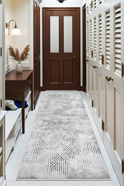 CENTER AVM Gri Halı Yolluk Makinede Yıkanabilir Halı Kaymaz Taban Halı