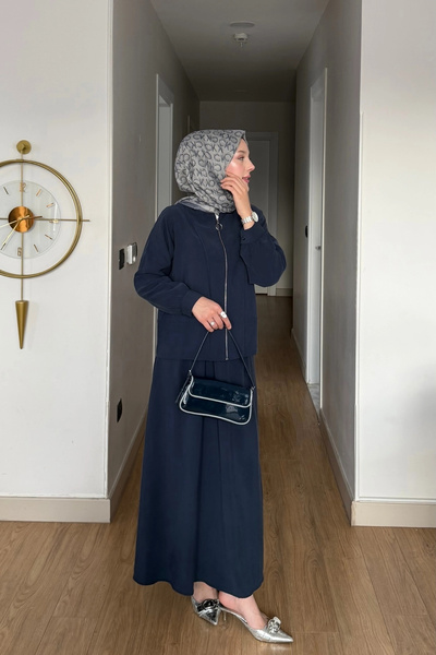 Mihran Butik طقم تنورة نسائية من قماش كوبرا باللون الأزرق الداكن