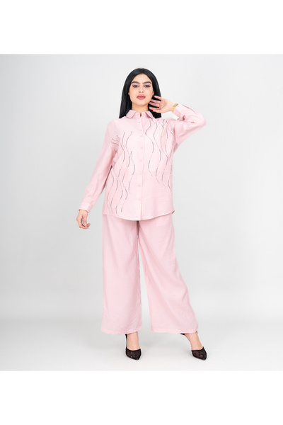 IKKXA Modern Two-Piece Outfit Shirt and Pants Wavy Crystal Details
