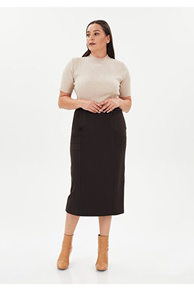 Guzella Gabardine Gold Accessory Pencil Midi Skirt