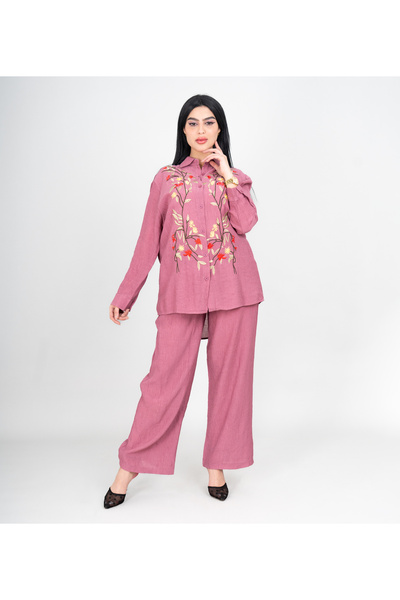 IKKXA Modern Two-Piece Outfit Soild Shirt and Pants Colorful Embroidery Leave...