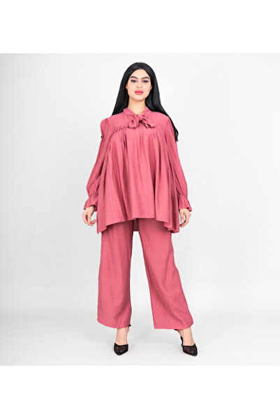 IKKXA Modern Two-Piece Outfit Soild Blouse and Pants Bow Details