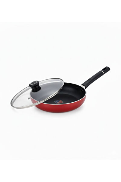 British Chef Nonstick Flat Fry Pan with lid Red/Black 24CM