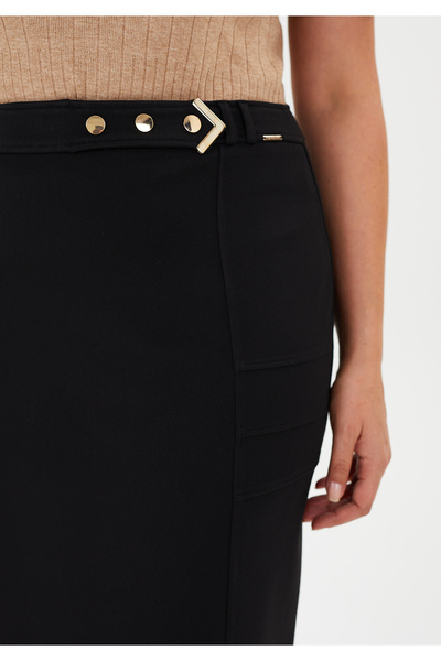 Guzella Gabardine Gold Accessory Pencil Midi Skirt