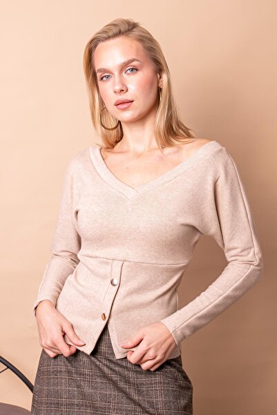 Jument Tricotaj pentru femei, cu decolteu în V, cu mânecă lungă, cu nasturi -...