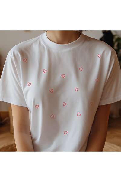 Crea Eymer Wear Heart Crystal Stone Printed Crew Neck T-Shirt White - Red