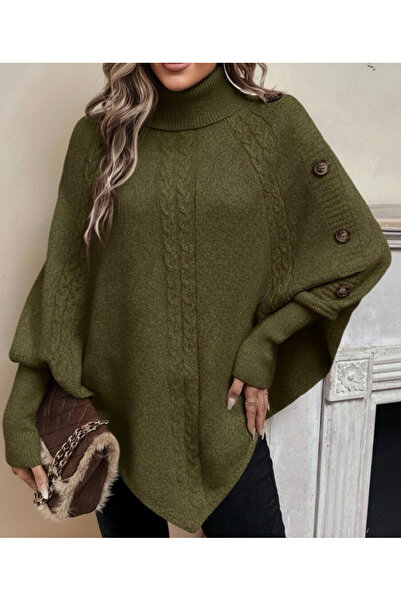 Flavus Puella Women's Henna Green Hair Braided Turtleneck Bat Poncho Buttoned...