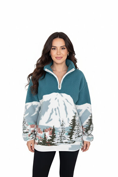 Trendalya Kadın Yarım Fermuarlı Oversize Peluş Sweatshirt