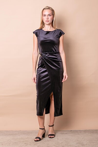 Jument Women's Stretch Fabric Velvet Boat Neck Off Shoulder Front Accessory S...