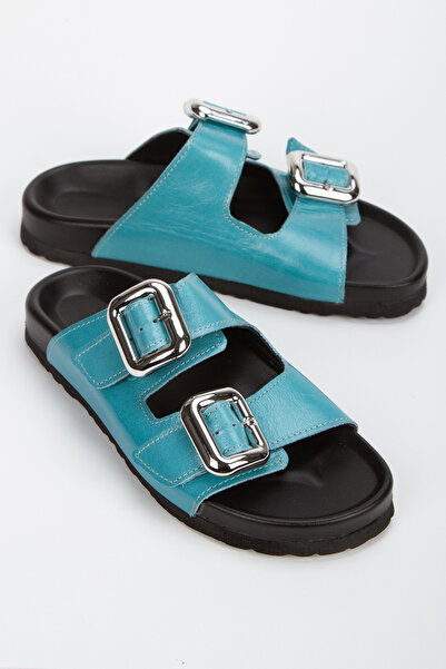 PASSAGE SHOES Women's Genuine Leather Double Strap Buckle Slippers 6337 Blue