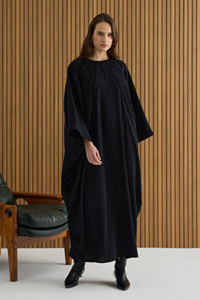 Aker Siyah İşleme Detaylı Yarasa Kol Elbise