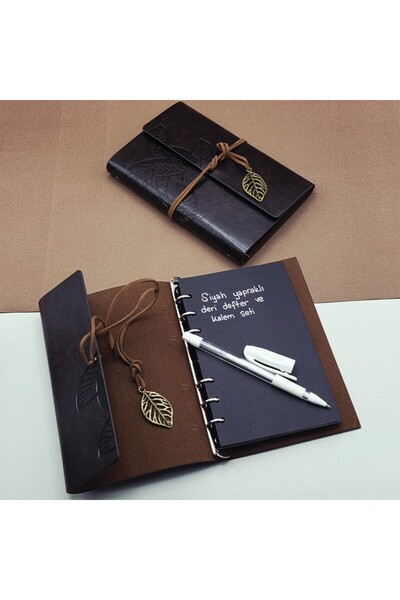 Store Siyah Yapraklı Deri Hatıra Defteri 18x12,5 cm + Beyaz Jel Kalem | Hediy...