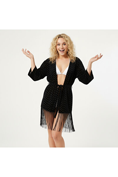 BONBON Women's Flocked Tulle Black Color Waist Tie Pareo Bb2139