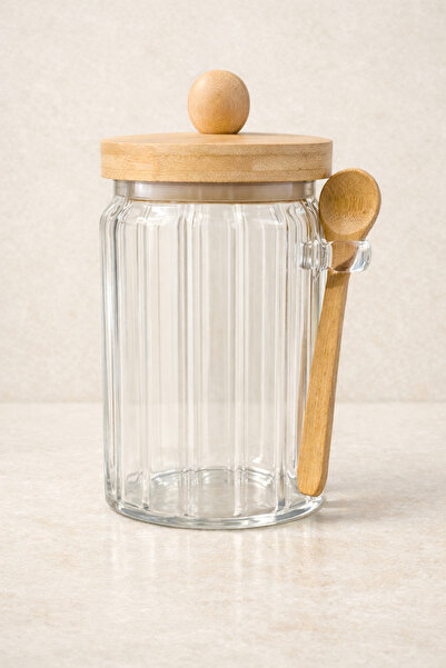 Kitchen Way Striped Glass Jar with Bamboo Seal and Spoon 750ml Storage Jar wi...
