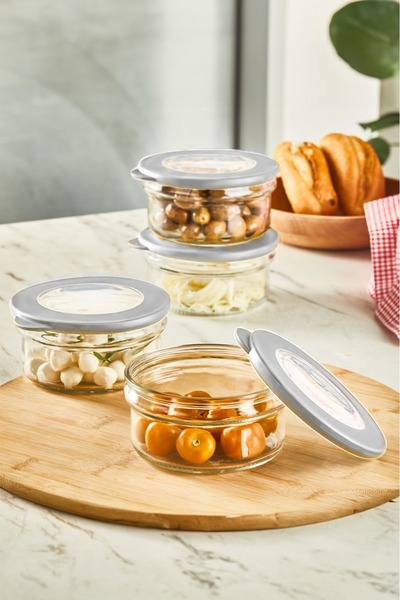 Evalins 4'lü Vakumlu Kapaklı Cam Saklama Kabı - 4'lü Kahvaltı Seti, Saklama Kabı