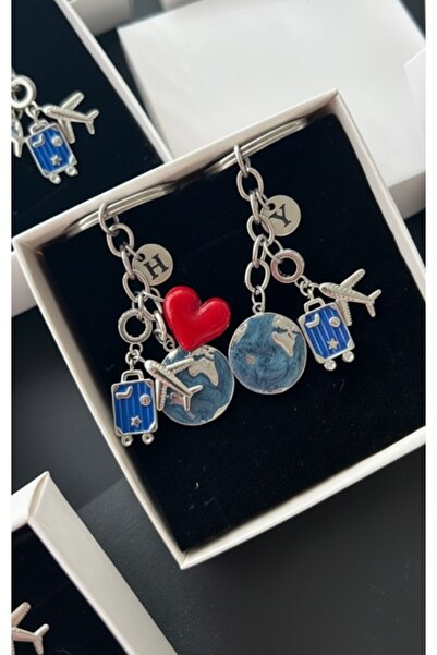 i&s design Dünya anahtarlik çift gümüş kırmızı kalp