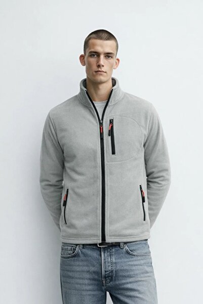MATERIAL Ανδρικό άνετο χειμερινό γκρι φούτερ με φερμουάρ