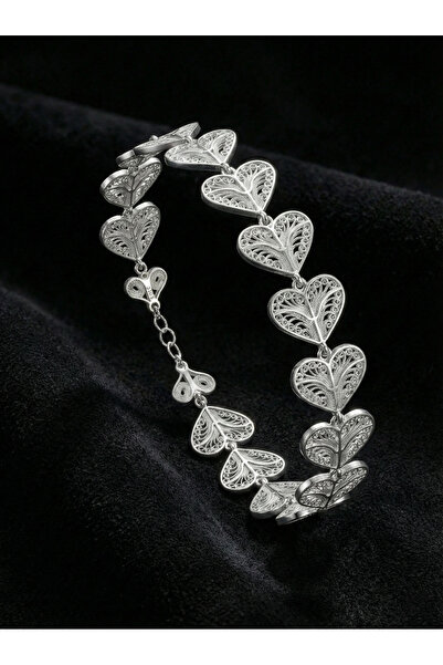 Roza Silver 925 Ayar Geleneksel Telkari Sıralı Kalp Motifli Elişi Gümüş Bilek...