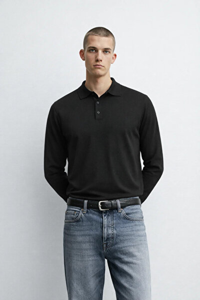 MATERIAL Men's Comfortable Loose Black Polo Collar Knit Sweater