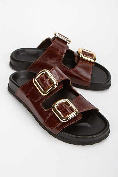PASSAGE SHOES Women's Genuine Leather Double Strap Buckle Slippers 6337 Brown