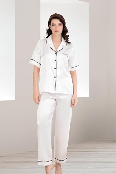 REN Women's satin solid color front button Piped short sleeve satin pajama set