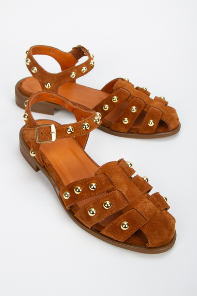 PASSAGE SHOES Women's Genuine Leather Trok Detailed Sandals 6340 Taba Suede