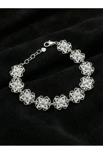 Roza Silver 925 Ayar Geleneksel Telkari Elişi Yonca Motifli Sıralı Gümüş Bile...