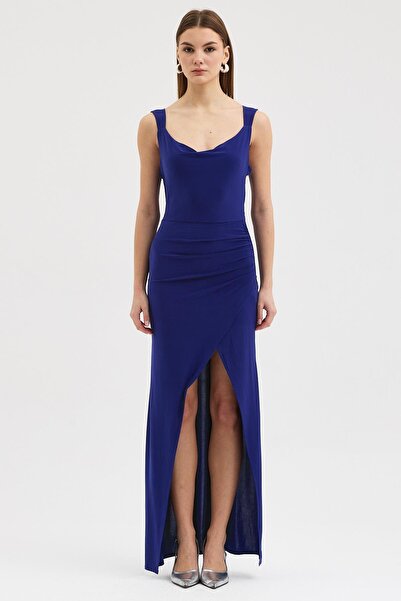 Lijuri Slit detailed degaje neckline strap dress 2935 r2-j-k3