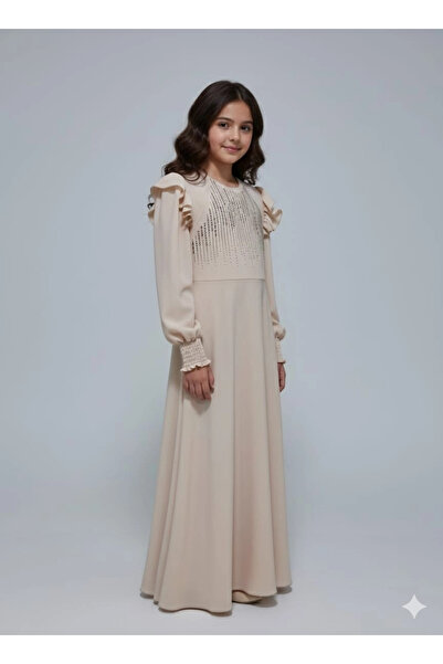Yonca Çocuk Esmagül Kids 6852 Girl's Shoulder Ruffle Stone Embellished Long D...