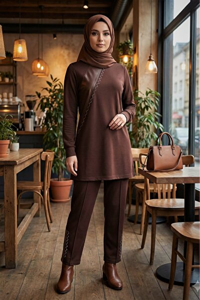 MR.MODAMİRA Kadın Pamuk Viskon Tunik Önünde Pantoon Paçada Deri ve Taş Detayl...