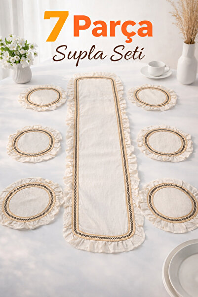 WEXSA Nakışlı Çeyiz Seti 7 Parça Amerikan Servis Fırfırlı Runner ve Supla Set...