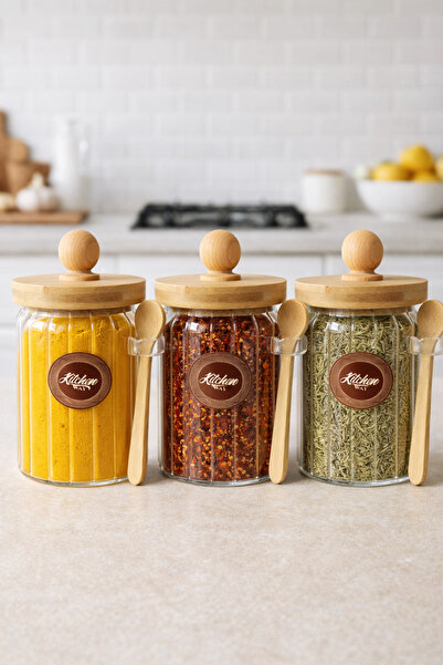 Kitchen Way Bamboo Sealed Spooned Striped 3-Piece Glass 600ml Jar Natural Woo...