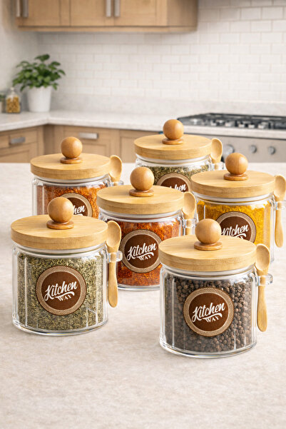 Kitchen Way Striped 6-Piece Glass 400ml Jar with Bamboo Seal and Spoon Natura...