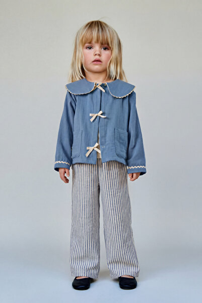 Magu Girl's Cotton Blue Sailor Collar Lace-Up Jacket Striped Pants Set - Pock...