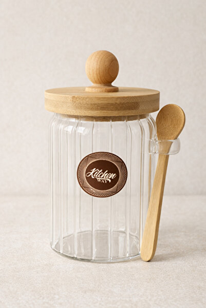 Kitchen Way Striped Glass Jar with Bamboo Seal and Spoon 600ml Storage Jar wi...