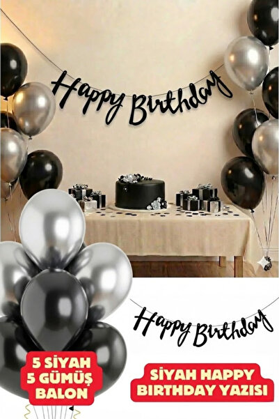 Baloncu Nene Siyah Happy Birthday Yazısı Doğum Günü Balon Seti Siyah Gümüş Ba...
