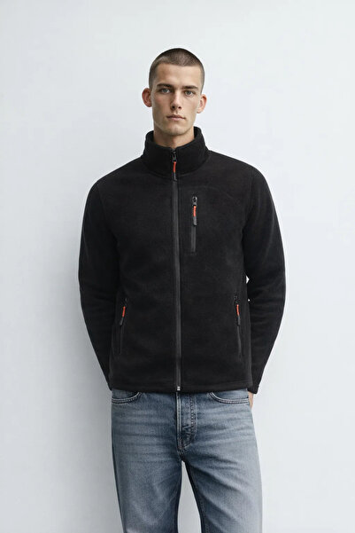 MATERIAL Ανδρικό άνετο χειμερινό μαύρο φούτερ με φερμουάρ