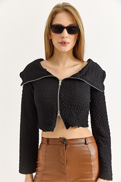 Raneel Kazançlı Alışveriş Women's double zipper madonna neck ruffle blouse black