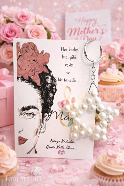 Emtory Home Kadınlar Günü Kartlı İnci Anahtarlık – 10 Adet Özel Gün Hediyelik...