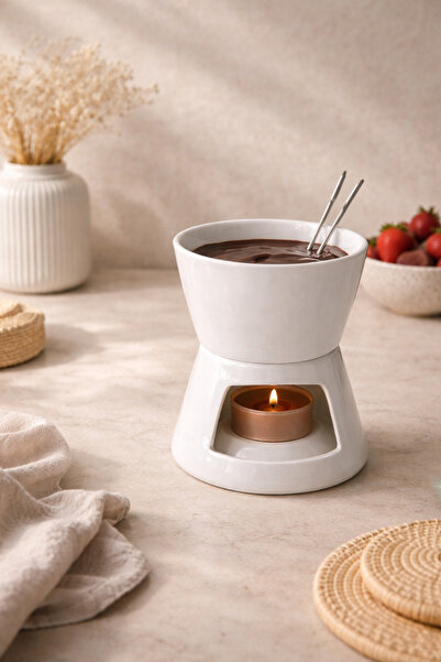 DİVAYS Porselen Fondü Seti Mum Isıtmalı 2 Çatallı Çikolata ve Peynir Sunum Seti