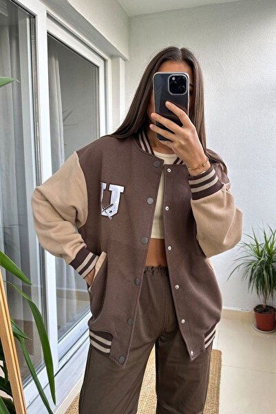 Vinales Oversized Unisex Brown College Jacket with Embroidery Detail
