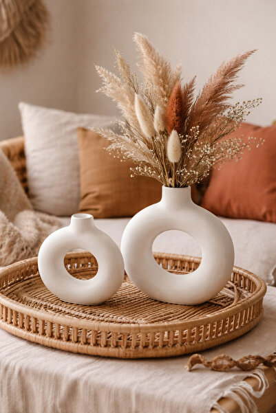 ZURİ DESİGN Dekoratif Beton Donut Vazo 2'li Set - İskandinav Bohem Tarz Halka...