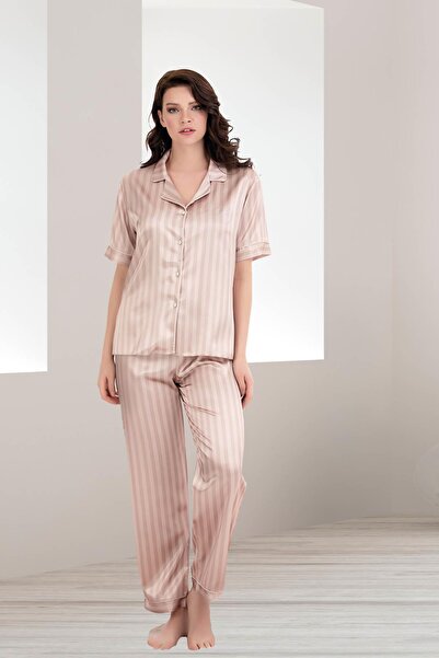 REN Women's Striped Short Sleeve Satin Button down Shirt Pajama Set