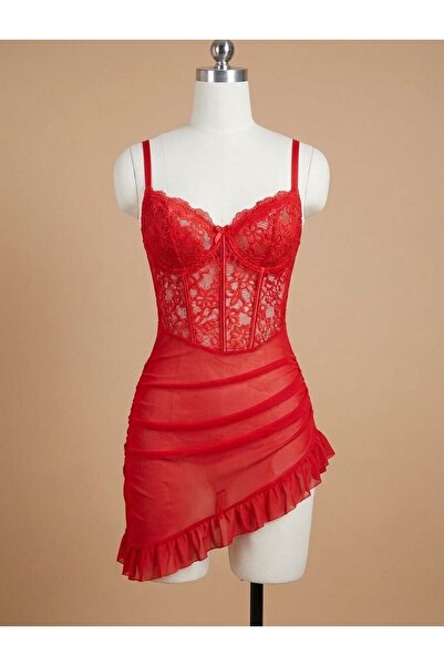 Aria's Closet Cămașă de noapte roșie elegantă din tul brodat cu dantelă și vo...