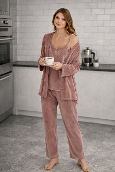GAMDELLE MODA Women's Powder Velvet Rope Strap Dressing Gown Pajama Set