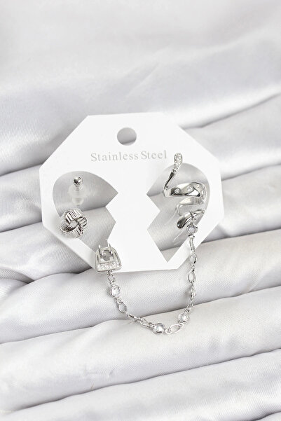 shopwave طقم أقراط على شكل ثعبان من النحاس الفضي اللون مع سلسلة متصلة